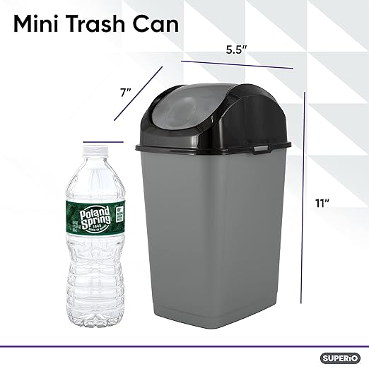 Superio Mini Plastic Trash Can with Swing Top Lid 1.25 Gallon Compact Small Waste Bin Portable Garbage Can for Countertop, Desktop, Make up Vanity, Bathroom, Car, Under Sink, Dorm 5 Qt (Grey/Black, 2)