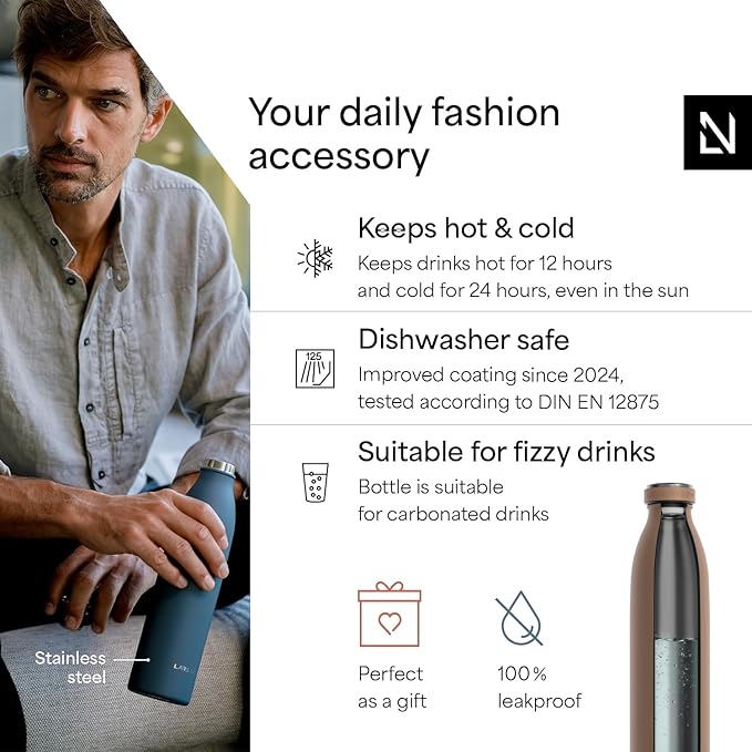 LARS NYSØM Stainless Steel Insulated Water Bottle 12oz 17oz 25oz 34oz 51oz | Insulated Thermo Flask for Hot and Cold Beverages | Leakproof Drinking Bottle (Mocha Brown, 25.4oz)