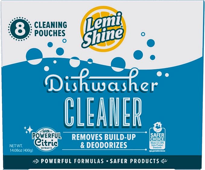 Lemi Shine Natural Dishwasher Cleaner - Hard Water Citric Acid Cleaning Powder - Lemon Scented Eco-Friendly Dishwasher Cleaner & Deodorizer - 14.08 oz (8 Pack)