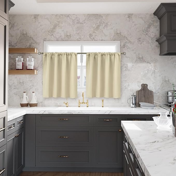 BGment Beige Blackout Curtains 36 Inches Length for Kitchen Cafe Window - Short Thermal Insulated Drapes Darkening Privacy with Rod Pocket for RV Bathroom Small Window, 2 Panels, 42 x 36 Inch