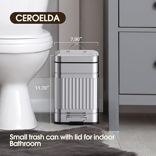 CEROELDA Small Trash Can with Lid-5L/1.3 Gal,Outdoor Dog Poop Garbage Can-Farmhouse Retro Metal Waste Bin w/Step Pedal for Bathroom Bedroom Office-Soft Close-Galvanized Steel…
