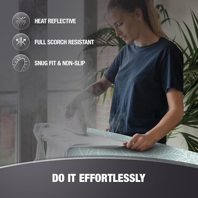 Extra Thick Ironing Board Covers with Pad Standard Size 15x54, Heat Reflective Full Scorch Resistant Padding, Snug Fit Non-Slip Nose Pocket Fastener Straps Elastic Edges, Green Floral