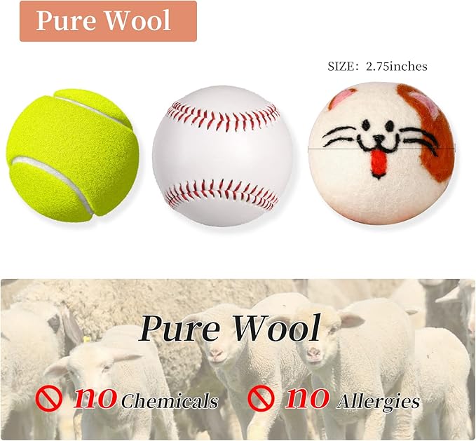 Wool Dryer Balls XL, Cute Cat Face Shape Handmade Dryer Balls Laundry Reusable, Fabric Softener Ball, Shorten Drying Time, Organic Wool - Dry 1000+ Loads(3 Pack Cat Shape)