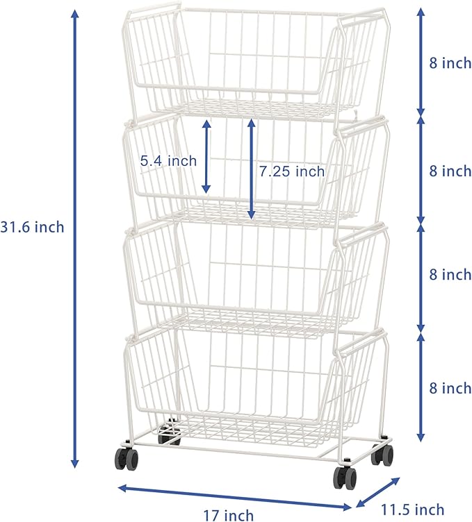 PUSDON Stackable Metal Storage Carts, Dual Use Shelf for Kitchen Fruit Vegetable Baskets with Wheels, Storage Rack for Living Room, Home & Office, Standard White 4 Tiers