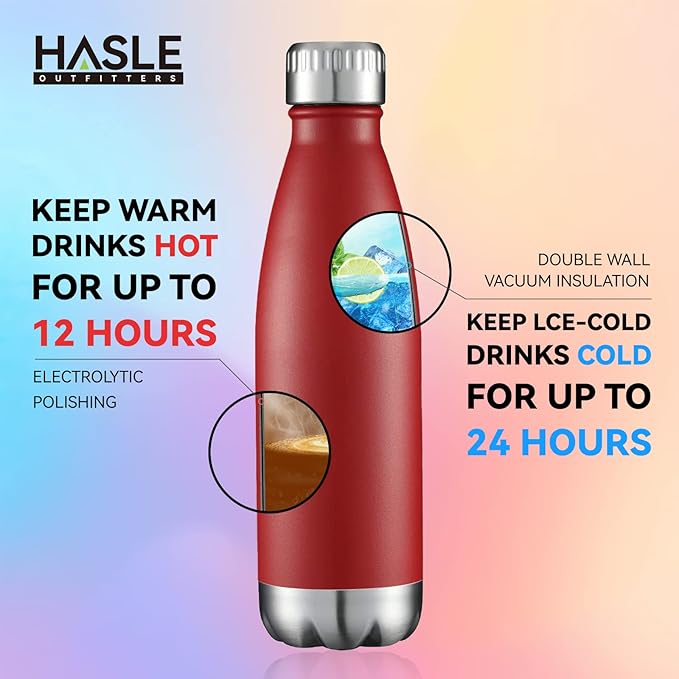 HASLE OUTFITTERS 17oz Stainless Steel Water Bottles, Vacuum Insulated Water Bottles Double Walled Powder Coated Reusable Metal Sports Water Bottles Keep Drinks Hot and Cold, Red, 1Pack
