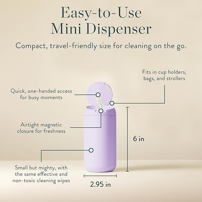 Biom Mini Dispenser + All-Purpose Wipes Starter Kit - Grapefruit Scented Cleaning Wipes | Fits in Car Cup Holder | Biodegradable Plant-Based Cleaner | Kid & Pet Friendly, Natural, Non-Toxic (Citrine)