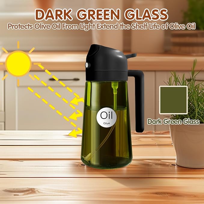 YARRAMATE 16oz/470ml 2PCS Light Blockage Dark Oil Sprayer for Cooking, 2 in 1 Olive Oil Dispenser Bottle for Kitchen, Green Glass Oil Bottle, Food-Grade Oil Mister for Air Fryer, BBQ (Black & White)