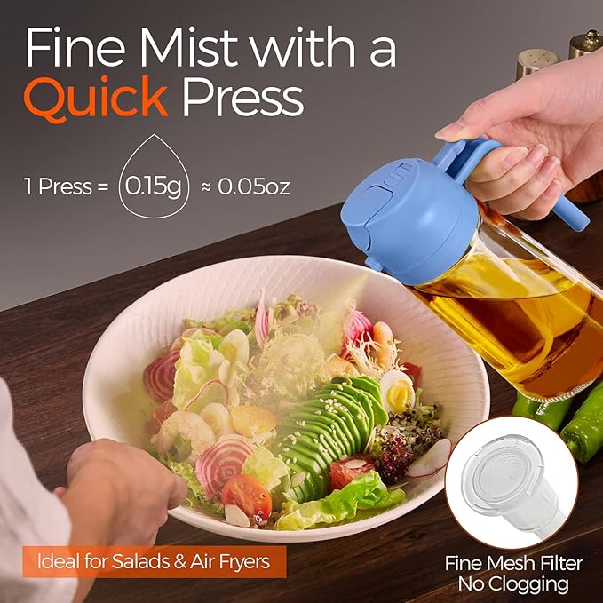 YARRAMATE 16oz/470ml Glass Olive Oil Sprayer for Cooking with Stickers, 2 in 1 Oil Dispenser for Kitchen Gadgets, Food Grade Premium Spray Bottle with Portion Control for Salad, BBQ(SkyBlue)