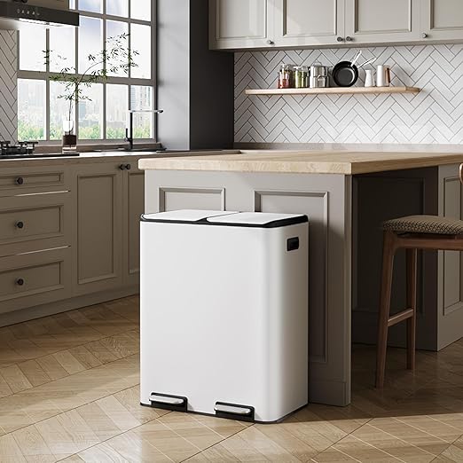 WLIVE Dual Trash Can, 2 x 8 Gallon (2 x 30 L), Step Trash Can with Lid with Inner Buckets, 2 Compartment, Heavy-Duty Stainless Steel Gabage Can for Kitchen with 15 Trash Bags, White