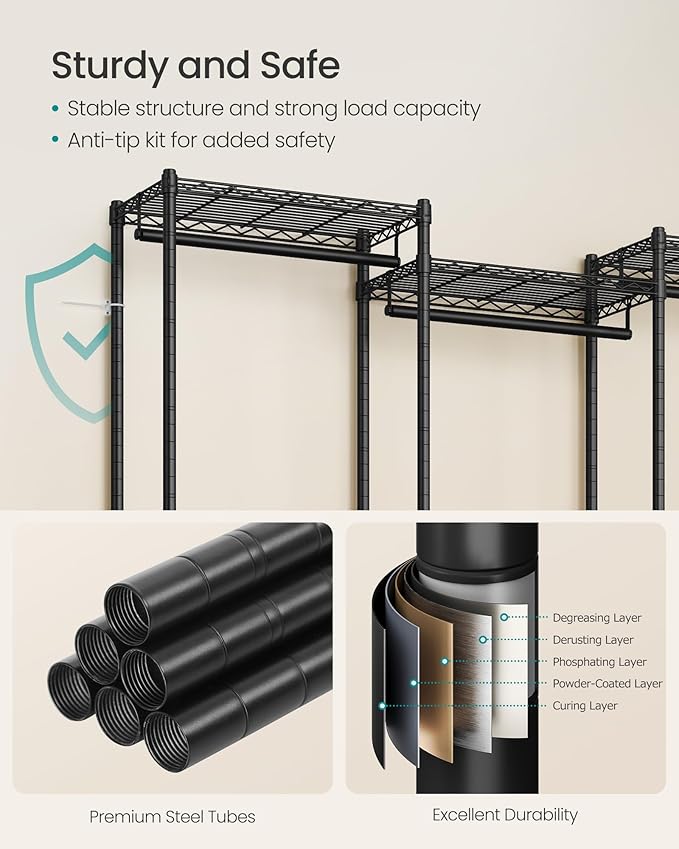 SONGMICS Heavy-Duty Clothes Rack, Garment Rack, Portable Closet, 86.4-Inch Wide Clothing Rack with Adjustable Mesh Shelves and Hanging Rails, Ink Black ULGR434B01