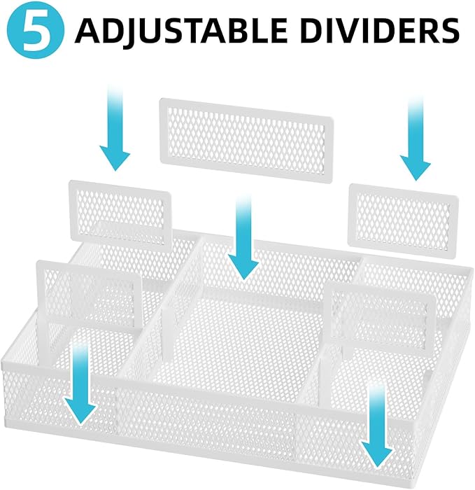 Marbrasse 2 Pack Desk Drawer Organizer, Mesh Drawer Organizer Tray with 8 Adjustable Compartments, Desk Organizers and Accessories, 5 Dividers for Office Supplies, Makeup & Vanity (White)