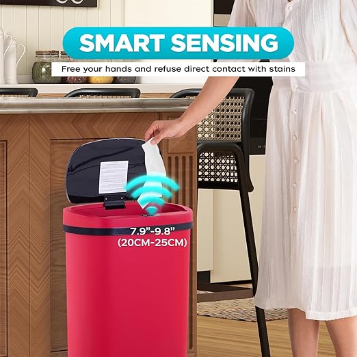 Automatic Motion Sensor Bathroom Trash Can with Lid, 13 Gallon Touchless Trash Bin, Smart Dog Proof Garbage Can, Touch Free Waste Basket for Toilet, Office, Bedroom,Red,2