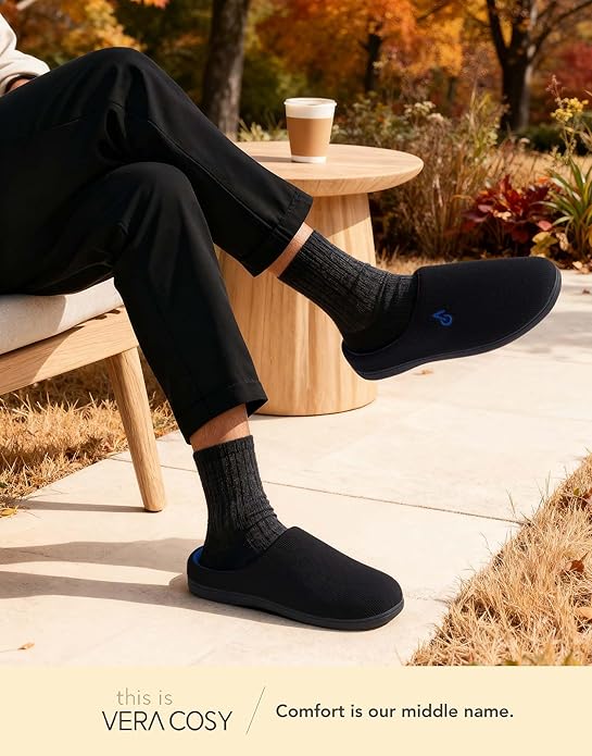 VeraCosy Men's Two-Tone Memory Foam House Slippers Indoor Outdoor Durable Rubber Sole