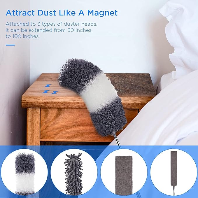 Microfiber Feather Duster Kit with Extension Pole (30–100") – Bendable Washable Heads, Extendable Dusters for Cleaning Ceiling Fan, High Ceiling, Blinds, Furniture & Cars (5 Pcs)