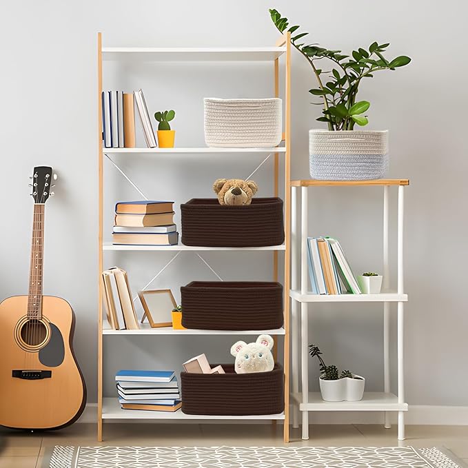 COMFY-HOMI 11.5"x7.5"x4.7" Storage Baskets for Organizing | Cotton Rope Woven Basket | Toy Storage Bin Box | Basket for Shelves, Closet Organizer Bin, Decorative Closet Shelf, 3 Pack, dark brown