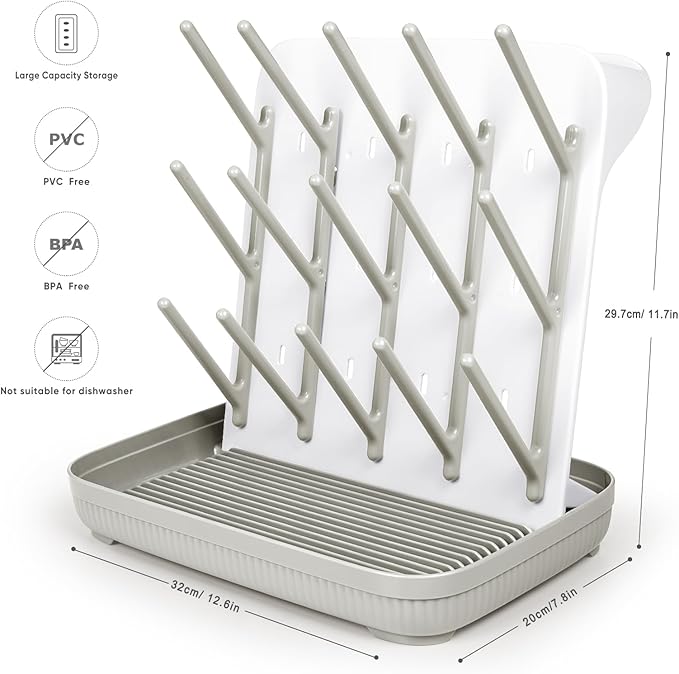 Termichy Baby Bottle Drying Rack: Large Vertical Bottle Dryer Rack Holder - Space Saving Standing Drying Rack for Baby Bottles and Pump Part Cleaning (Khaki)
