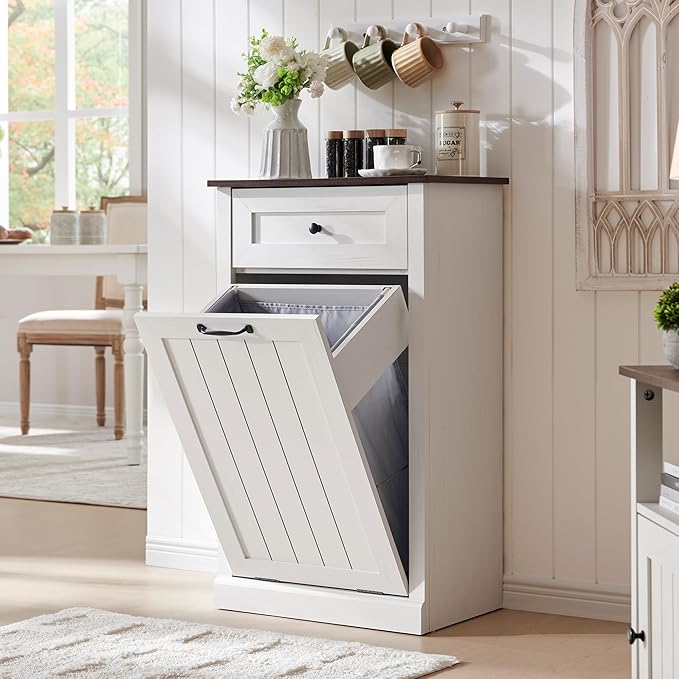 Tilt Out Laundry Hamper Cabinet, 10 Gallon Farmhouse Trash Can Cabinet with Drawer, Hidden Wood Garbage Can Bin Cabinet with Laundry Storage Basket for Bathroom, Kitchen, Antique White
