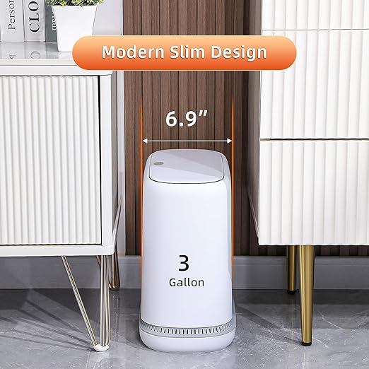 funest Bathroom Trash Can, 3.3 Gallon Slim Trash Can with Lid, Adsorption Garbage Can with Press-Top Lid, Small White Narrow Plastic Trash Bin for Bathroom, Office, Bedroom, Living Room