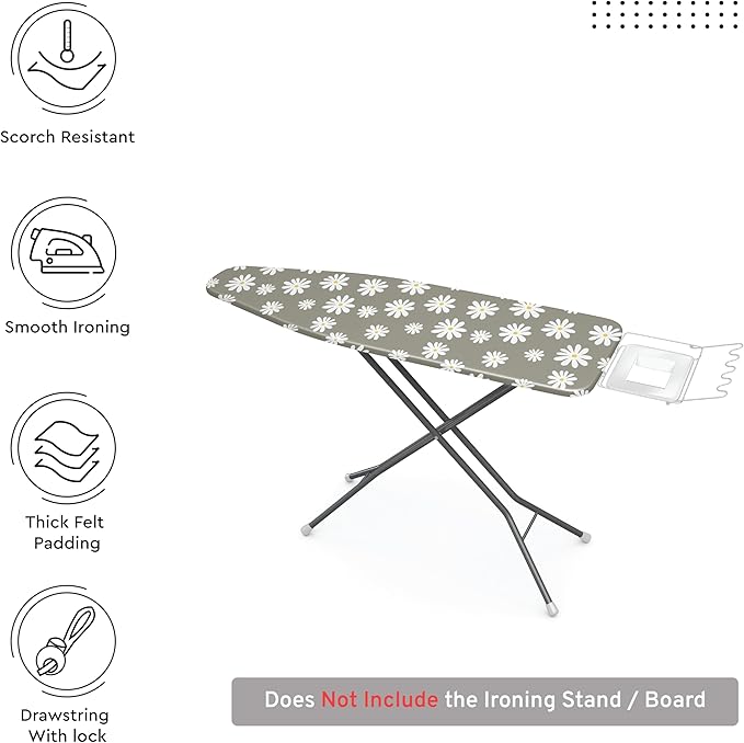 Encasa XO Ironing Board Cover and Pad 49"x18" - Thick 3mm Felt Padding, Drawstring Tightening & Lock, Easy Fit, Scorch & Stain Resistant, Fits Wide Ironing Board - Daisy Grey