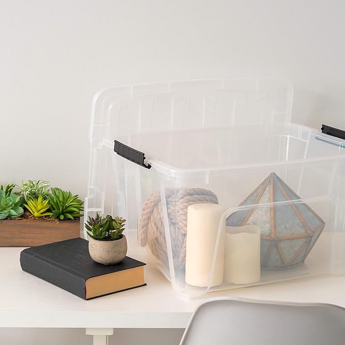 IRIS USA 32 Qt Stackable Plastic Storage Bins with Lids, 4 Pack - BPA-Free, Made in USA - See-Through Organizing Solution, Latches, Durable Nestable Containers, Secure Pull Handle - Clear