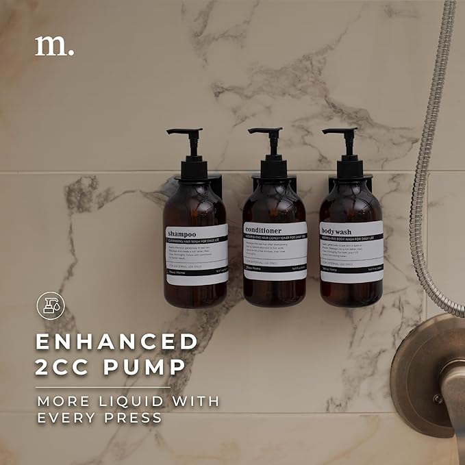 MaisoNovo Shampoo and Conditioner Dispenser - Shower Soap Dispenser Wall Mounted - 16.9 fl oz Set of 3 Amber Plastic Bottles Black Pump - 3 Chamber No Drill
