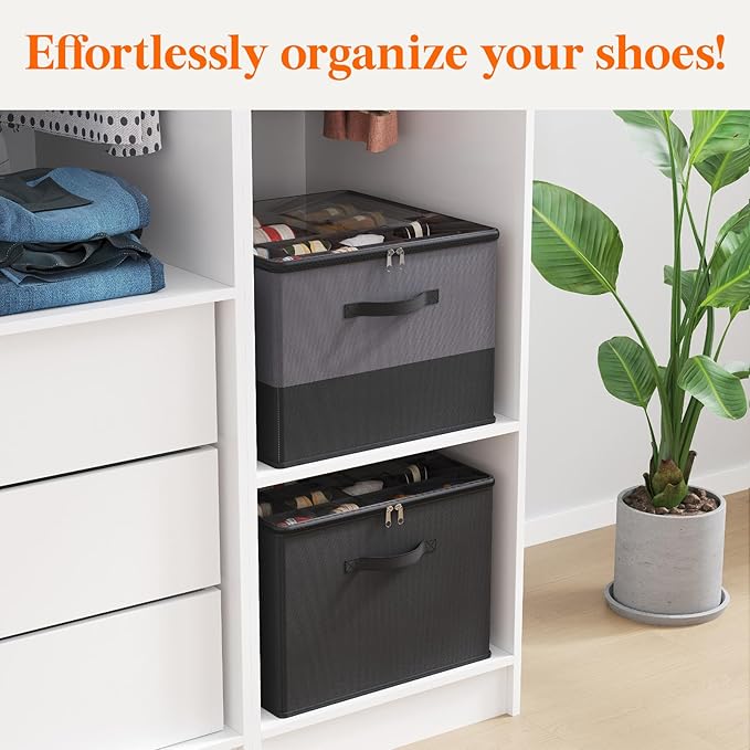 Lifewit Shoe Storage Organizer for Closet Fits 12-16 Pairs, Fabric Large Shoe Box Storage Containers with Clear Cover, Foldable Bins Fit for Boots Sneakers 17"(L) x 17"(W) x 12.5"(H) Gray and Black