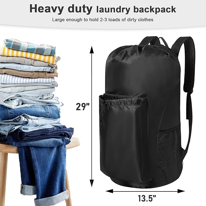 Polecasa Extra Heavy Duty Large Backpack Laundry Bag with Comfortable Padded Shoulder Straps & 4 Pockets, Sturdy & Durable Clothes Storage Bags, Hamper Drawstring bag for Dorm, College, Travel, Black