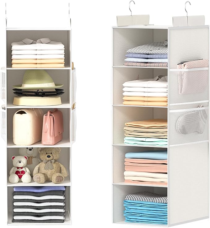 Extra Deep Hanging Closet Organizer with Shelves and Oversized Mesh Pockets, Heavy-Duty Structure, No Deformation, Max Storage for Clothes, Shoes, Hats, Dorms and RVs,1-Pack (White, 5 Tier)