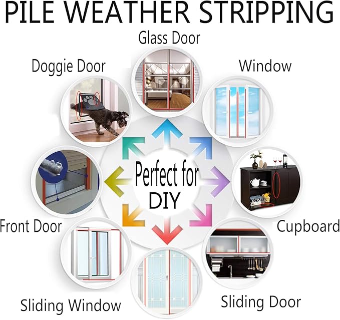 Weather Stripping Brush for Sliding Windows/Doors Frame Side,Pile Self Adhesive Weatherstrip Seal Strip Sealer Draft Stoppers (33ft x11/32 Backing x 3/16 Brush inch, White)