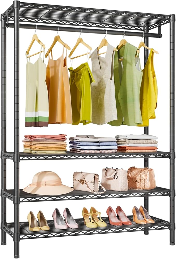 VIPEK V1 Plus Heavy Duty Clothes Rack with Shelves - 4 Tiers Adjustable Height | Holds Up to 540lbs | Perfect for Small Spaces, Apartments | Compact Design for Flexible Storage, Black