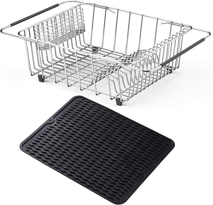 Stainless Steel Dish Drying Rack(15.2"L X 13"W X 5.8"H), Expandable Fruit & Vegetable Drain Rack over Sink, Dish Drainer Rack in Sink, with Stainless Steel Utensil Holder & Silicone Mat(16")
