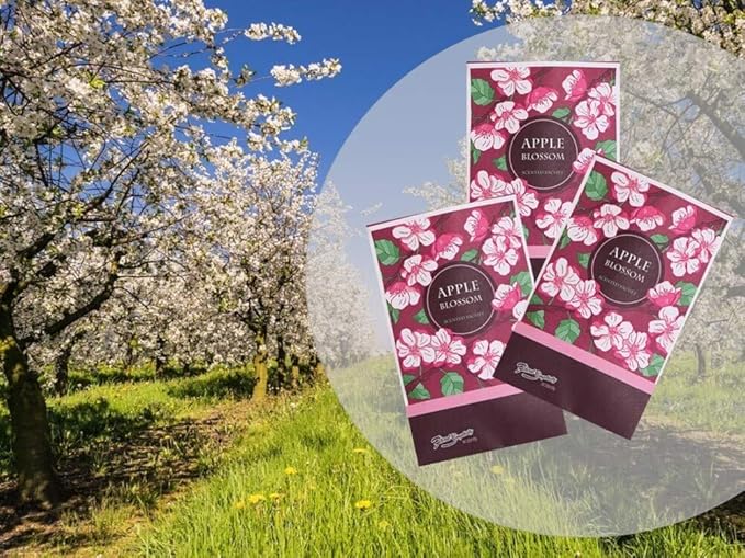 Floral Simplicity Apple Blossom Scented Sachets Pack of 3, Fall & Winter - Long-Lasting Scented Bags, Home Fragrance, Air Freshener & Deodorizer for Closet, Room, Drawer, or Cars, Made in The USA