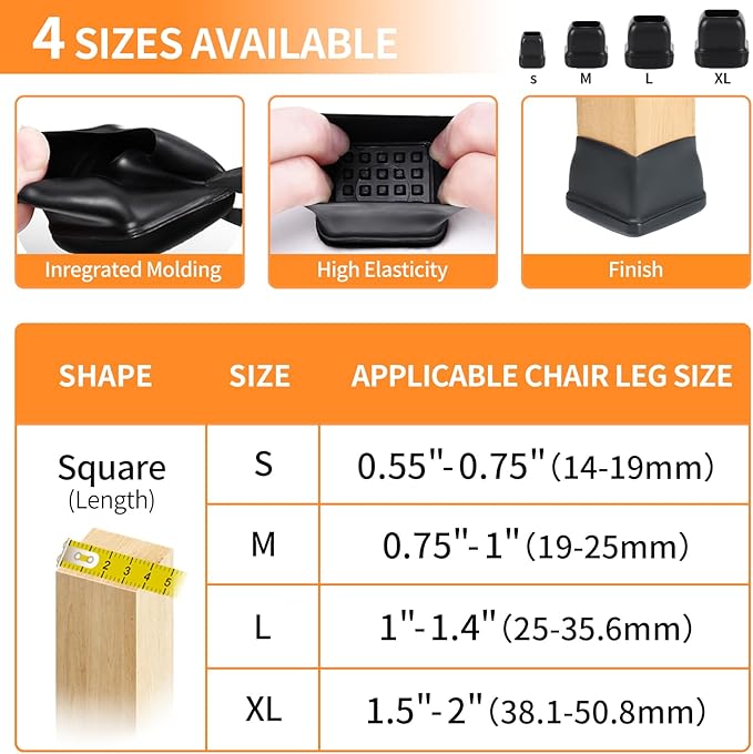 Ezprotekt 24 Pcs Large Chair Leg Sliders for Carpet, Square Black Teflon Furniture Glides Pads Caps for Rug, Bar Stool Leg Protectors Covers for Table, Chair, Sofa Legs (XL Fit: 1.5" - 2")