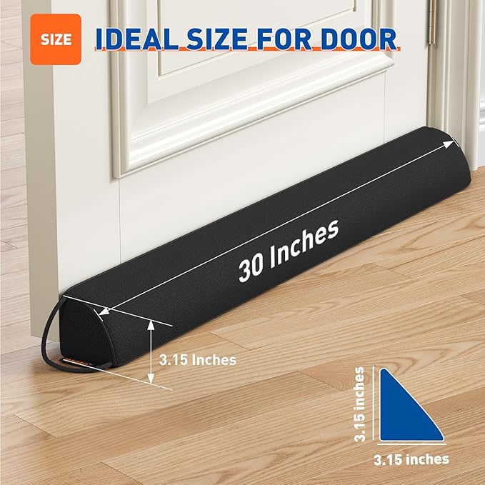 MAGZO Door Draft Stopper 30 Inches, Weighted Triangular Door Snake for Winter Noise Blocker with Hook Loops,Black