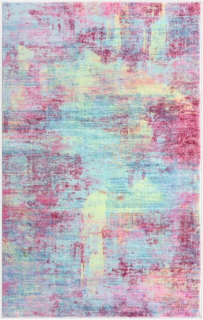 IOHOUZE Abstract Area Rugs 8x10 Ft Washable Large Rugs for Living Room, Non Slip Dining Room Rug, Printed Faux Wool Rugs for Bedroom, Floor Carpet for Office Nursery Playroom, Pink Teal