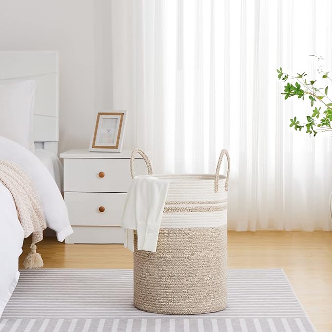 VIPOSCO Large Laundry Hamper, Tall Woven Rope Storage Basket for Blanket, Toys, Dirty Clothes in Living Room, Bathroom, Bedroom - 58L Brown & White