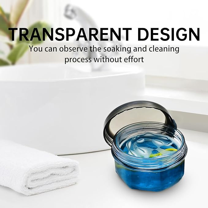 Leak Proof Denture Cups for Soaking Dentures, Partial Denture Bath Case Travel Retainer Cleaning Container Case with Brush for Aligner, Denture, Mouth Guard - Transparent Black
