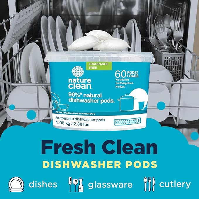 Nature Clean All Natural Dishwasher Pods, Plant-Based Non-Toxic Dishwasher Detergent Pods, Tough on Grease, Unscented Fragrance-free, 60 Count, Pack of 4