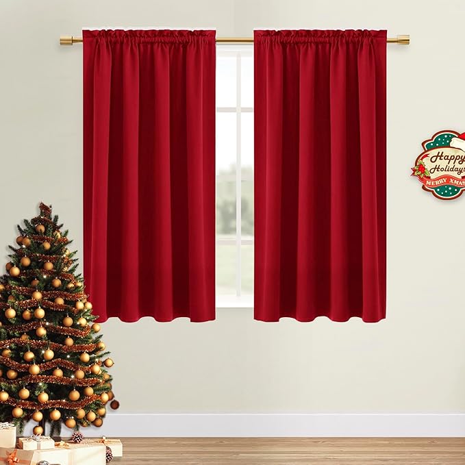 DWCN Christmas Blackout Curtains Thermal Insulated Energy Saving Bedroom and Kitchen Curtains Window Treatments, W 38 x L 45 Inch, Set of 2 Red Rod Pocket Drapes