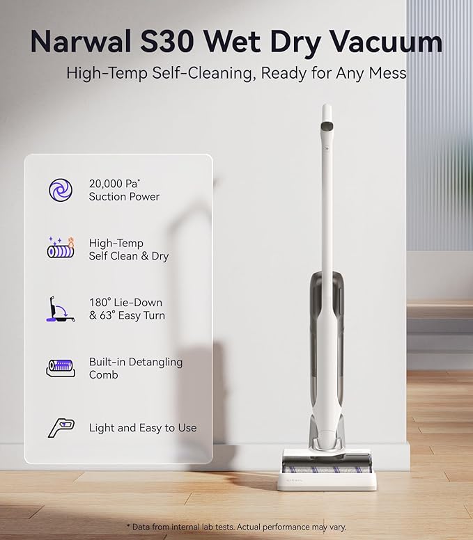 NARWAL S30 Wet Dry Vacuum Cleaner with 20000Pa Suction, 176°F Self-Cleaning, Heated Drying, Disposable Waste Bag, Tangle-Free, Cordless Vacuum Mop for Hard Floors & Edge Cleaning, Easy to Use