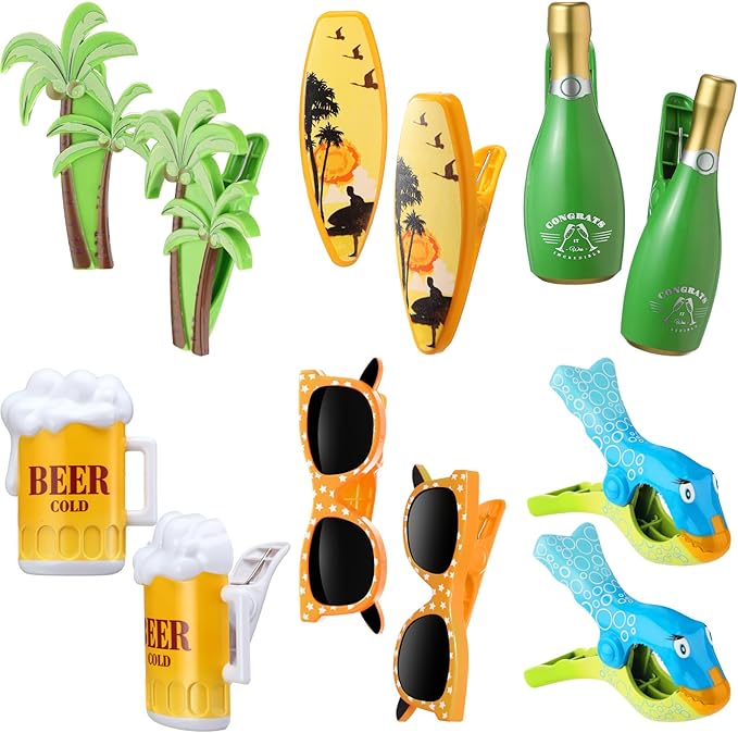 Honoson 12 Pcs Beach Towel Clips Beach Chairs Clips Plastic Swimming Pool Towel Holders Jumbo Size Funny Clothespins for Patio Holiday Pool Blanket Decoration (Stylish)