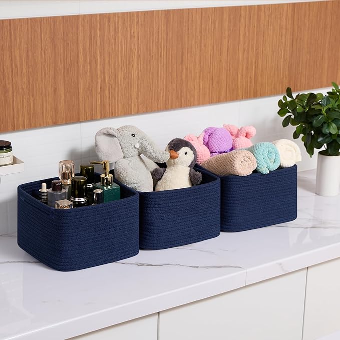 Small Organizing Baskets for Cubes Shelf, 9.7x9.7x7.1 Inch Rope Woven Storage Bins for Nursery Shelves Storage, Cute Toy Basket, Square 3 Packs Navy Blue