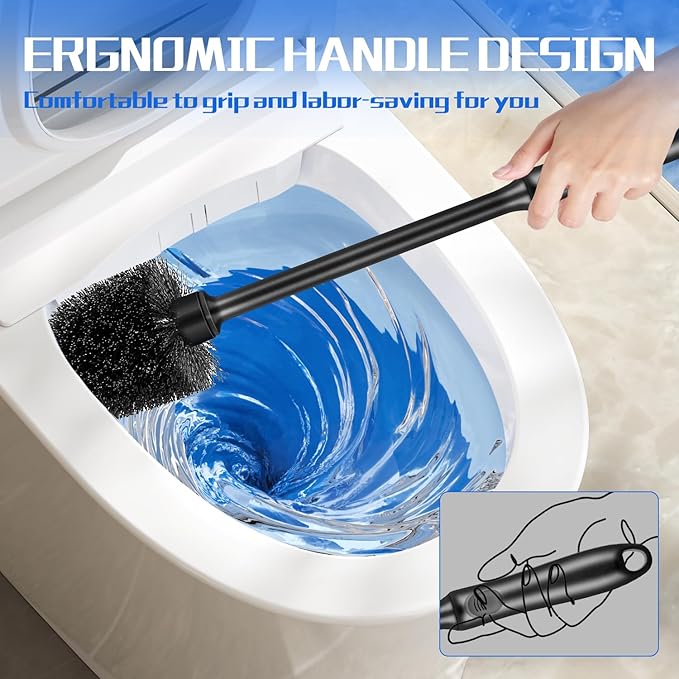 Toilet Brush and Holder 2 Pack with Long Handle - Non-Slip Grip Toilet Bowl Brush Set for Deep Cleaning Bathroom, Toilet Scrubber- Black