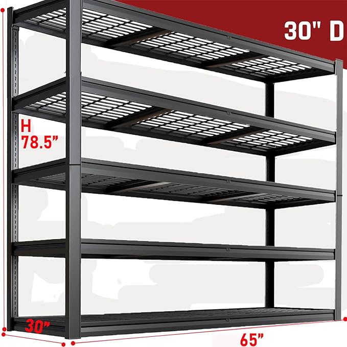 65" W Garage Shelving Heavy Duty, 5 Tier Garage Shelves, 30" D Adjustable Storage Shelving Unit, Commercial Metal Shelf for Warehouse, Pantry, School, Shop, 68" Wx30 Dx79 H