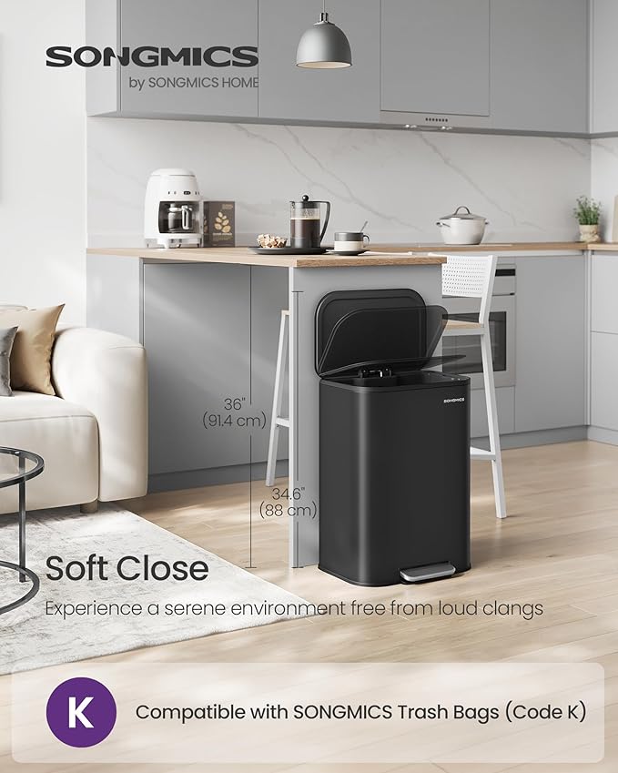 SONGMICS Kitchen Trash Can, 13-Gallon (50 L) Garbage Can with Lid, Stainless Steel, Soft Close and Stays Open, Inner Bucket, Wide Non-Slip Pedal, Ink Black ULTB547B01