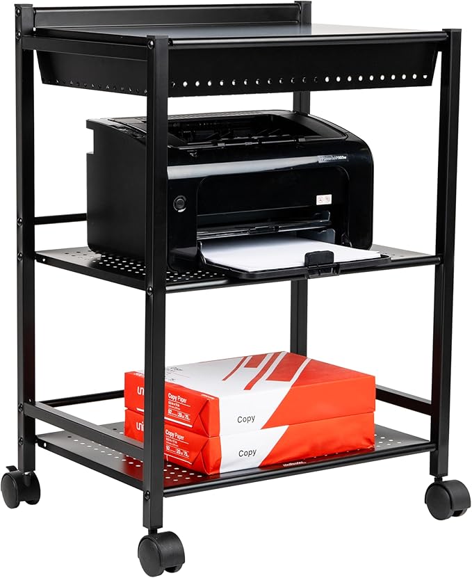 Mind Reader Cart with Covered Compartment, Office Organizer, Storage, 3-Tier, Office, Metal, 20" L x 14.25" W x 28.75" H, Black