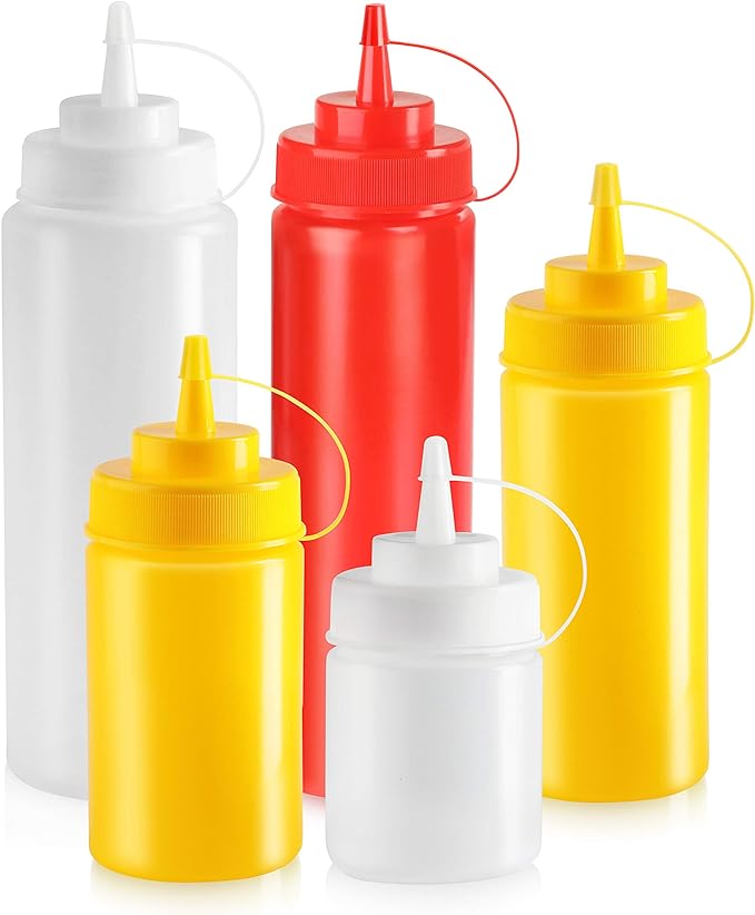 New Star Foodservice 533739 Plastic Squeeze Bottles with caps, Wide Mouth, 32 oz, Yellow, Pack of 6