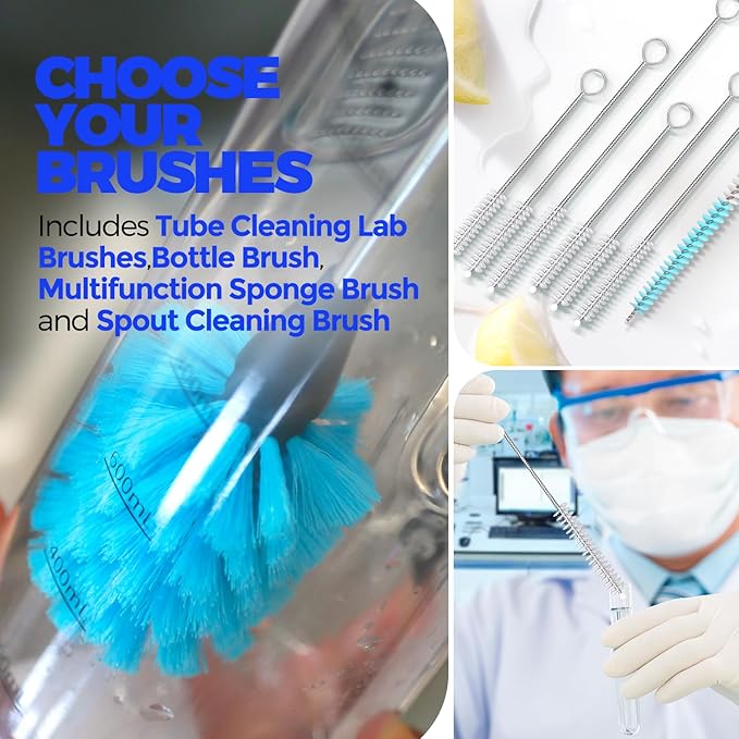 Holikme Bottle Brush Tube Cleaning Lab Set with Long Handle, Cup Cleaner for Washing Narrow Neck Beer Wine Decanter Pipes Lids Sinks Cap Covers, Azul