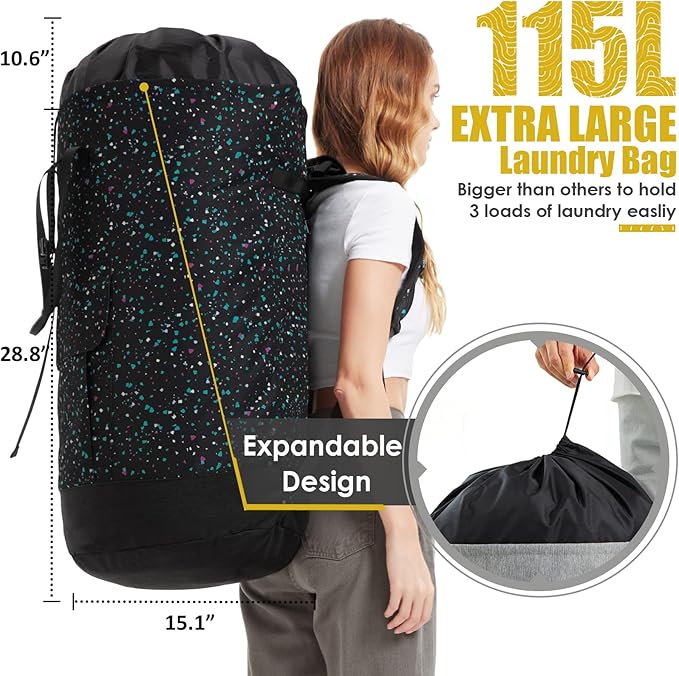 College Laundry Bag, 115L Extra Large Laundry Backpack with Shoulder Straps, Heavy Duty Backpack Laundry Bag, Large Laundromat Bag, Dorm Laundry Bags for Travel, Laundromat, Apartment, Beach, Camping