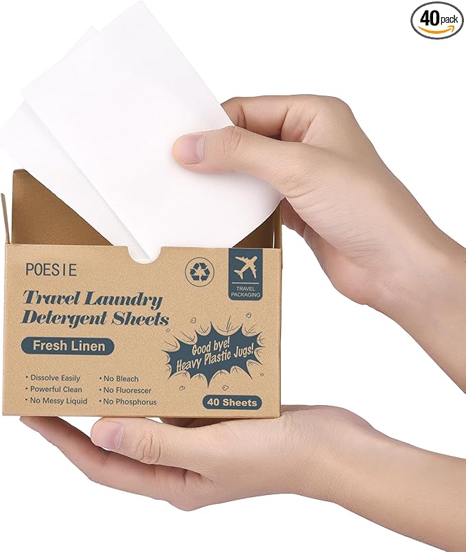 Poesie Travel Laundry Detergent Sheets Fresh Linen 40 Count Liquidless Portable No Waste Laundry Soap Sheets for Travel Dorm Home